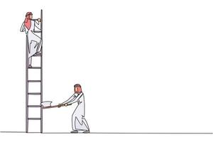 Single continuous line drawing Arab businessman climbs ladder to achieve the expected reward. Destroyed silently. Business failed to develop. Destroyed by traitors. One line design illustration vector