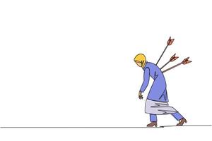 Single continuous line drawing Arab businesswoman stands and several arrows stuck in the back. Attacked from behind. Destroyed and helpless. Fake partner. Traitor. One line design illustration vector