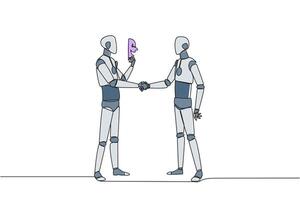 Single one line drawing the two robots shaking hands. One of them has two faces. Full of falsehood. Fake friend. Worst teamwork. Business betrayal. Traitor. Continuous line design graphic illustration vector