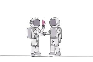 Single continuous line drawing two astronauts shaking hands. One of them has two faces. Full of falsehood. Fake friend. Worst teamwork. Business betrayal. Traitor. One line design illustration vector