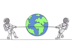 Single one line drawing two astronauts fighting over globe. Tight competition won the schedule for the first return to the earth. Complete expedition tasks. Continuous line design graphic illustration vector