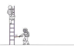 Single one line drawing astronaut climbs the ladder to achieve the expected reward. Destroyed silently. Business failed to develop. Destroyed by traitors. Continuous line design graphic illustration vector