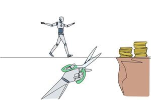 Continuous one line drawing the smart robot walking on tightrope from one cliff to another. Failed to move to much better place. Cheated by business friend. Single line draw design illustration vector