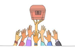 Continuous one line drawing hands fighting over the treasure chest. Big profits are in grasp. Struggle for profits by employees. Profits requires luck. Single line draw design illustration vector