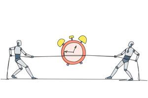 Continuous one line drawing two smart robots fighting over an alarm clock. Competition to get the desired time. Robotic improvisation. Future technology. Single line draw design illustration vector