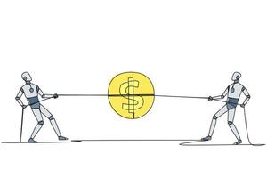 Single one line drawing two robots fighting over a coin with a dollar symbol. Competition for the highest payout for the smartest robots. Future technology. Continuous line design graphic illustration vector