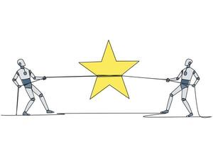 Single continuous line drawing two smart robots fighting for a star. The fierce battle of technology. Trying to achieve very satisfactory rating. Chasing the dream. One line design illustration vector