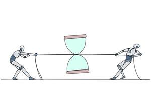 Single one line drawing two smart robots fighting over an hourglass. Beat each other to get the desired time. Time for test run. Future robotic development. Continuous line design graphic illustration vector