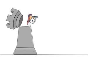 Single continuous line drawing Arabian businessman appears out of the rook chess piece looking for something through binoculars. Pay attention to better strategy. One line design illustration vector