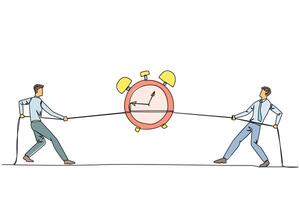 Continuous one line drawing two businessmen fighting over an alarm clock. Compete to get extra time to complete business deadlines. Daily business report. Single line draw design illustration vector