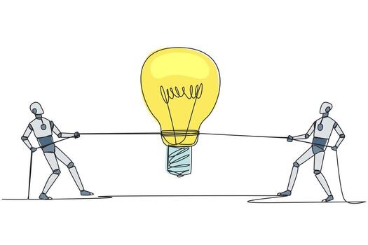Continuous one line drawing two robots fighting over lightbulb. Fierce competition to find best solution for development of artificial intelligence robots. Single line draw design illustration vector