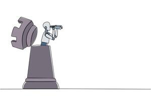 Continuous one line drawing a robot emerges from the rook chess pieces looking for something with binoculars. Scan. Analyzing strategy. Execute the mission. Single line draw design illustration vector