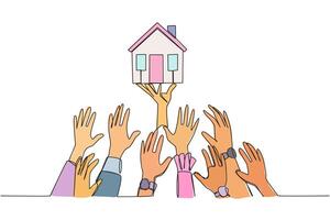 Single continuous line drawing hands fighting over miniature house. Compete for benefits to use in retirement. Comfortable home. Peaceful retirement. Happiness. One line design illustration vector