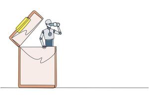 Single continuous line drawing a smart robot emerges from the clipboard looking for something through binoculars. Scan. Analyzing forms. Continuing business report. One line design illustration vector