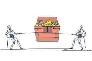 Single one line drawing two robots fight over an open treasure chest. Competition is fierce to find hidden treasures. Set to always win. Future technology. Continuous line design graphic illustration vector