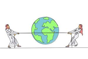 Single continuous line drawing two Arabian businessmen fighting over globe. Fighting over territory. Expanding the business land. Get maximum profit. Work smart. One line design illustration vector