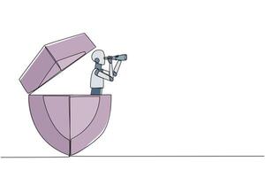 Single one line drawing a smart robot emerges from the shield looking for something through binoculars. Scan. Doing job. Securing web from hacker attacks. Continuous line design graphic illustration vector