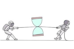 Continuous one line drawing two astronauts fighting over hourglass. Fierce battle completes the expedition's report before flying off into space. Deadline. Single line draw design illustration vector