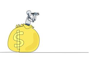 Single continuous line drawing a smart robot emerges from the money bag looking for something through binoculars. Scan. Analyzing the authenticity of money. One line design illustration vector