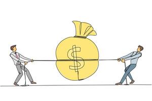 Single one line drawing two businessmen fighting over a money bag. Competition for big money. Greed of entrepreneurs. Break the rules for profit. Unethical. Continuous line design graphic illustration vector