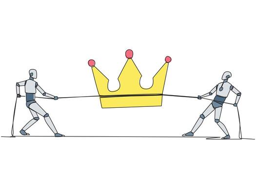 Single one line drawing two robots fight for the crown. Competition to become the greatest robot ever. Artificial intelligence. Future tech development. Continuous line design graphic illustration vector