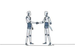 Single one line drawing two smart robots shaking hands. One of them holding a knife behind the back. Getting ready to stab. Must win at all costs. Traitor. Continuous line design graphic illustration vector