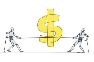 Single one line drawing two robots fighting over dollar symbol. Fighting for profit. Keeping share value high. Future technology development concept. AI. Continuous line design graphic illustration vector