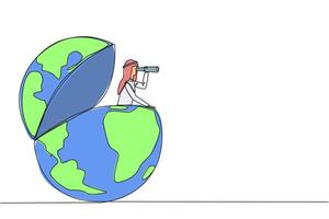Single continuous line drawing Arab businessman pops out of globe looking for something through binoculars. Mapping strategic locations for new business promotions. One line design illustration vector