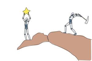 Single continuous line drawing smart robot standing on the edge of a cliff holding up a star. The hypocrite partner want to destroy the achievement. The traitor. One line design illustration vector