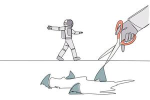Continuous one line drawing the astronaut walking across on tightrope. A metaphor pursuing a career. Ruined by traitors. Fake friend. Business sabotaged. Single line draw design illustration vector