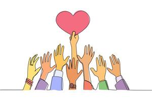 Single one line drawing hands fighting over the shape of a heart. Hands that are strong and the longest that can reach it. Achieve heart's dreams. Success. Continuous line design graphic illustration vector