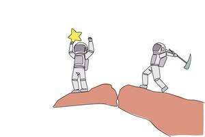 Single continuous line drawing the astronaut standing on the edge of a cliff holding up a star. The hypocrite partner want to destroy the achievement. The traitor. One line design illustration vector