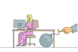 Continuous one line drawing Arab businesswoman typing at computer. Trapped by business partner. Bomb that could explode at any time. Betrayed by colleague. Single line draw design illustration vector
