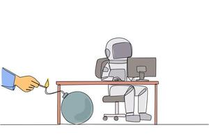 Single one line drawing astronaut typing at a computer desk. Trapped by business partner. A bomb that could explode at any time. Betrayed by a colleague. Continuous line design graphic illustration vector