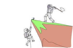 Single continuous line drawing the young astronaut climbs cliff with rope. Almost successful. Rudely dropped by a business friend. Fake partner. The worst teamwork. One line design illustration vector