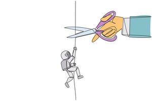 Continuous one line drawing astronaut climbing rope. Metaphor of struggling to advance business. Business failed to develop. Sabotaged by business friends. Single line draw design illustration vector