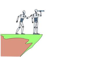 Single continuous line drawing the smart robot monitoring something at the edge of cliff using binocular. Monitoring business. Taken down by traitor from behind. One line design illustration vector