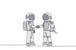Single continuous line drawing two astronauts shaking hands. One of them holding a knife behind the back. Getting ready to stab. Must win at all costs. Traitor. One line design illustration vector