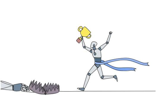 soltero continuo línea dibujo inteligente robot corriendo con trofeo. un peligroso negocio trampa. un trampa ese De Verdad trae abajo un negocio. falso amigo. traidor. rival. uno línea diseño ilustración vector