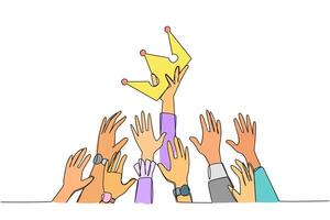 Single continuous line drawing hands fighting for the crown. Fighting for power with each other. Utilizing position inappropriately. Negative impact. Improperly. One line design illustration vector