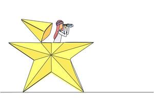 Single continuous line drawing Arab businessman emerging out of star shape look for something through binoculars. Want to share success stories. Ultimate success. One line design illustration vector