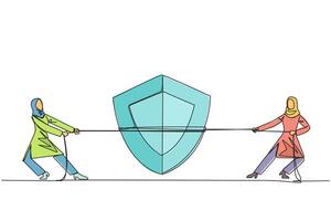 Single one line drawing two Arabian businesswomen fighting over shield. Fierce battle between two competitors to get the protection business. Opportunities. Continuous line design graphic illustration vector