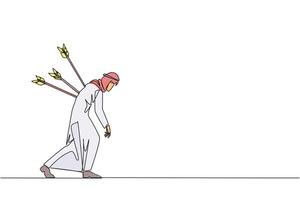 Single continuous line drawing Arab businessman standing and several arrows stuck in the back. Attacked from behind. Destroyed and helpless. Fake partner. Traitor. One line design illustration vector