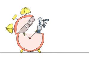 Single continuous line drawing smart robot appears from the alarm clock looking for something through binoculars. Alarm robot. Reminder robot. New technology clock. One line design illustration vector