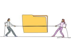 Continuous one line drawing two businesswomen fighting over document folder.Competition for the best potential clients. Vigorous efforts for company profit. Single line draw design illustration vector