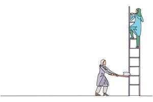 Single continuous line drawing Arab businesswoman climbs ladder to achieve expected reward. Destroyed silently. Business failed to develop. Destroyed by traitors. One line design illustration vector