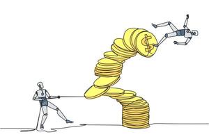 Continuous one line drawing robotic pull one of a piles of coins who made the person on top fall. Business fraud. Misappropriation of office money. Traitor. Single line draw design illustration vector