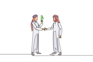 Single continuous line drawing two Arabian businessmen shaking hands. One of them has two faces. Full of falsehood. Fake friend. Worst teamwork. Betrayal. Traitor. One line design illustration vector