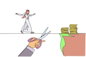 Continuous one line drawing Arabian businessman walking on tightrope from one cliff to another. Failed to move to much better place. Cheated by colleague. Single line draw design illustration vector