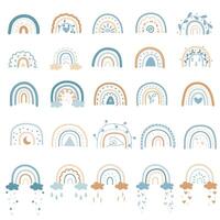 A large set of Scandinavian rainbows with ornaments. Pastel color set with abstract rainbow icons. Hand-drawn children's boho decorations. For design, posters. Flat style. . Isolated objects. vector